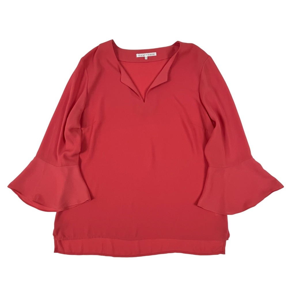 Violet + Claire Women Coral Red Bell Sleeve Notched V-Neck Blouse Top Large